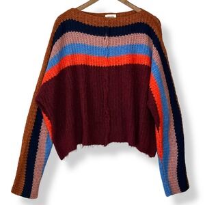 Adora L Oversized Striped Fuzzy Knit Sweater Multicolor Stripe Boho Slouchy Cozy